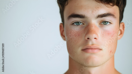 Teenage Boy with Freckles and Acne, Close-up Portrait