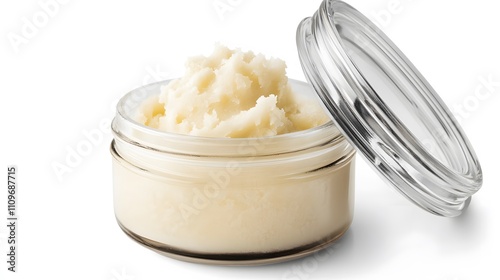 Realistic display of shea butter in a glass jar with a lid open on a white background, emphasizing its creamy texture