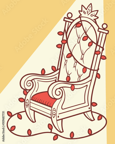 Retro Festive Throne: A charming hand-drawn illustration of a cozy armchair, adorned with twinkling Christmas lights, ready for a special guest.  