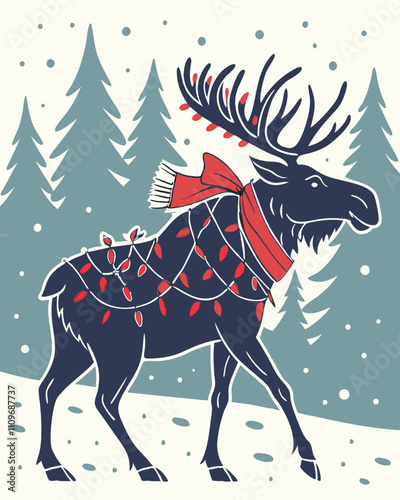 Retro Festive Moose: A cheerful moose decked out in Christmas lights and a red scarf, standing against a snowy forest backdrop. The perfect illustration for holiday cards, winter decor.