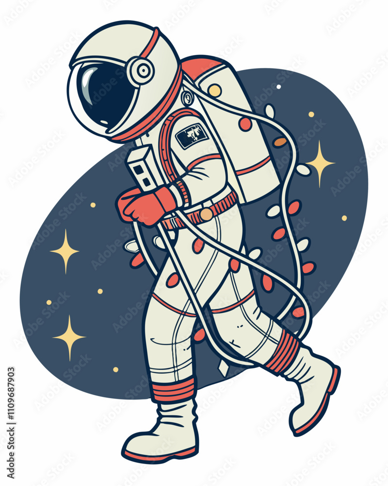 Fototapeta premium Retro Astronaut with Christmas Lights: A whimsical illustration of an astronaut adorned with Christmas lights, floating through space, creating a festive cosmic atmosphere. 
