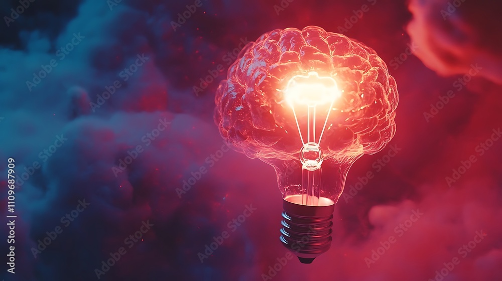Glowing brain inside lightbulb, creative idea concept. Glowing brain inside lightbulb, creative idea concept.