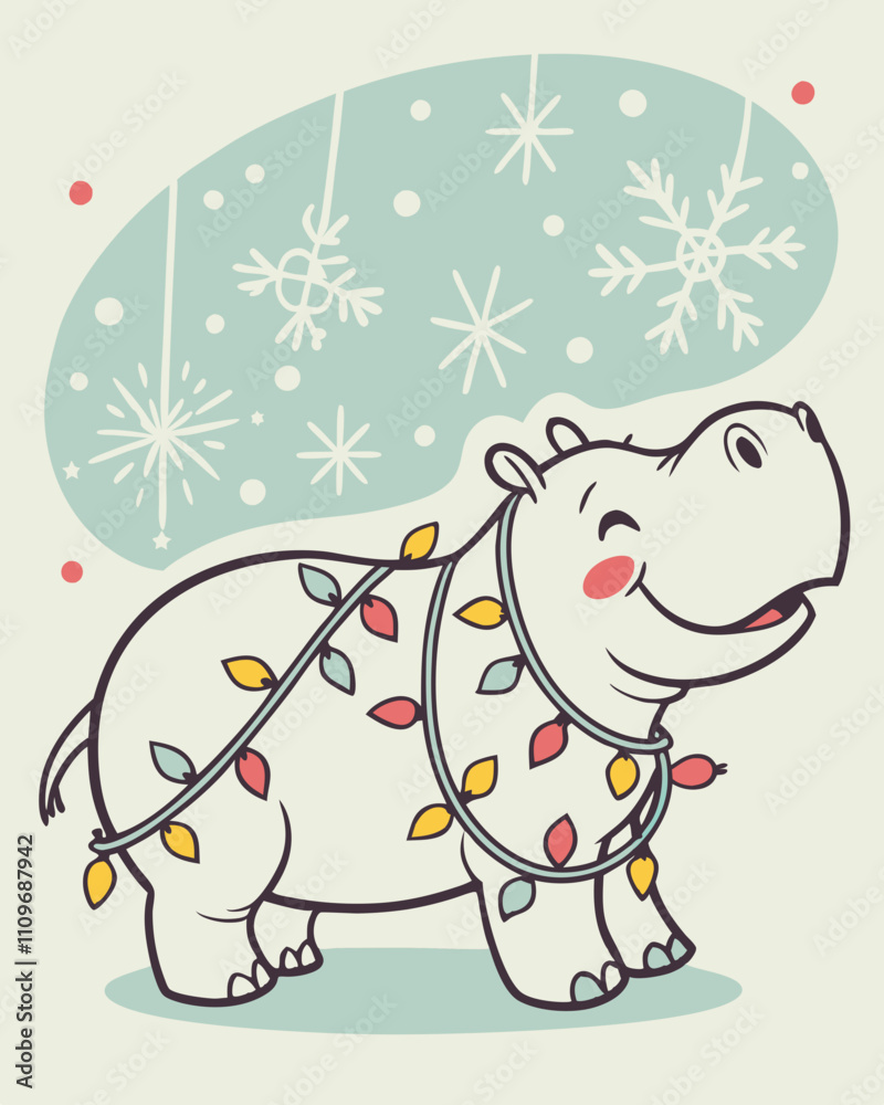Fototapeta premium Retro Jolly Hippo Christmas Lights 