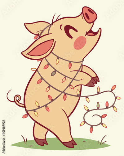 Retro Cheerful Piglet Christmas Lights:  A cheerful cartoon piglet, adorned with twinkling Christmas lights, celebrates the festive season with a joyful smile.