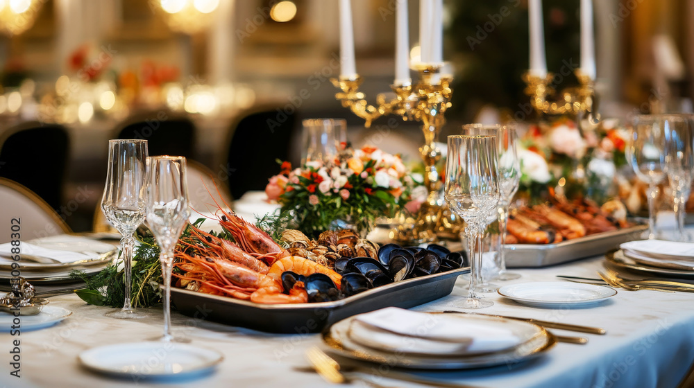 Fototapeta premium banquet table decorated with trays of seafood, beautiful table setting