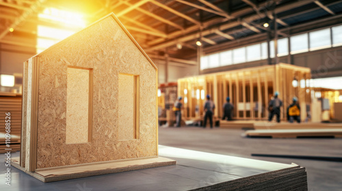 Exhibition model of a house made of wood presenting the construction of a house in a prefabricated house factory