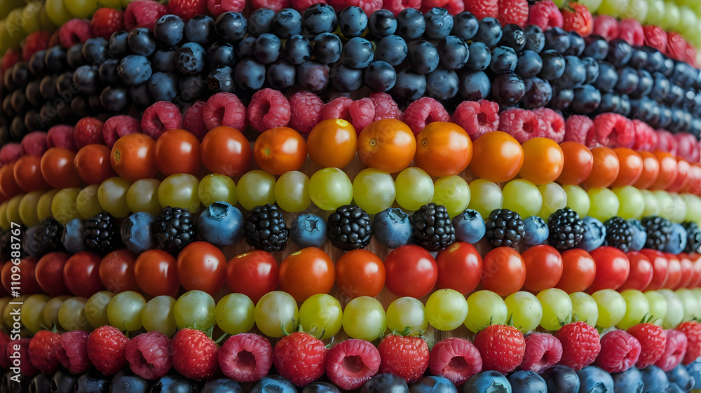 A layered pattern of stacked grapes, cherry tomatoes, and berries. A layered pattern of stacked grapes, cherry tomatoes, and berries.