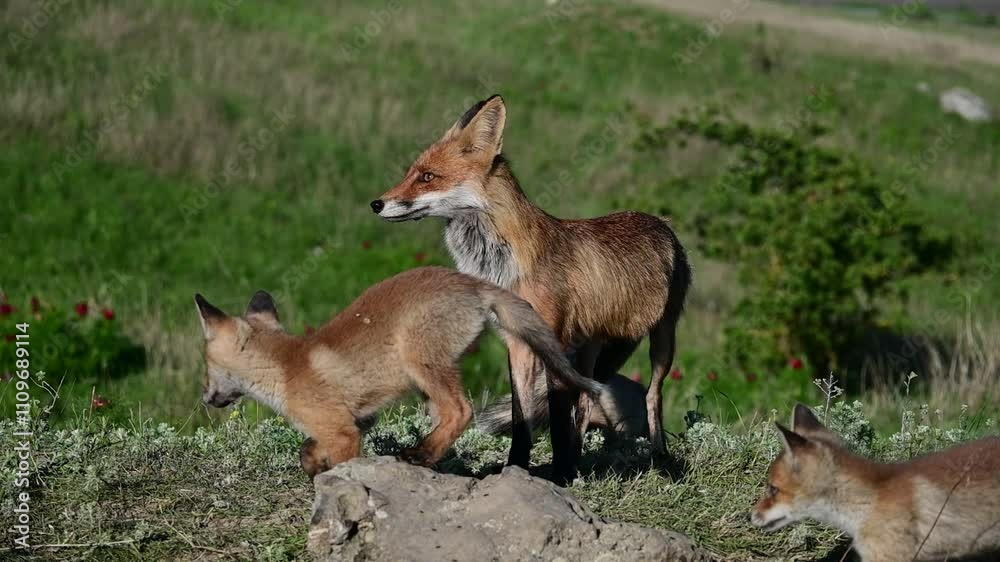 Red Fox Vulpes vulpes with Three pups in the Wild. Slow motion. Close-up. Red Fox Vulpes vulpes with Three pups in the Wild. Slow motion. Close-up.