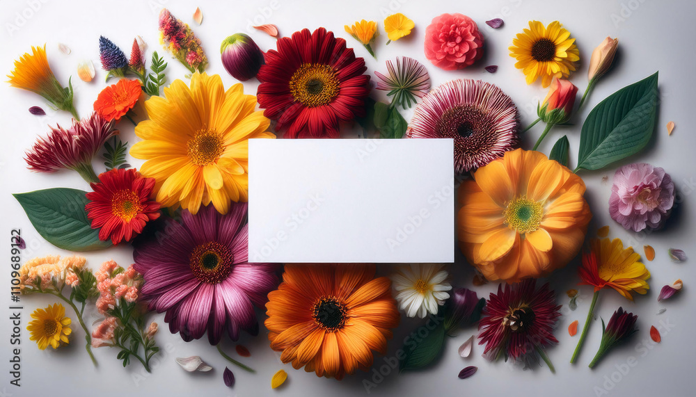 Obraz premium Vibrant flower arrangements surround an empty business card mock up for a florist display in a creative setting