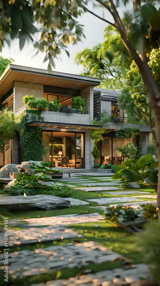 Modern House with Lush Greenery and Stone Pathway Modern House with Lush Greenery and Stone Pathway