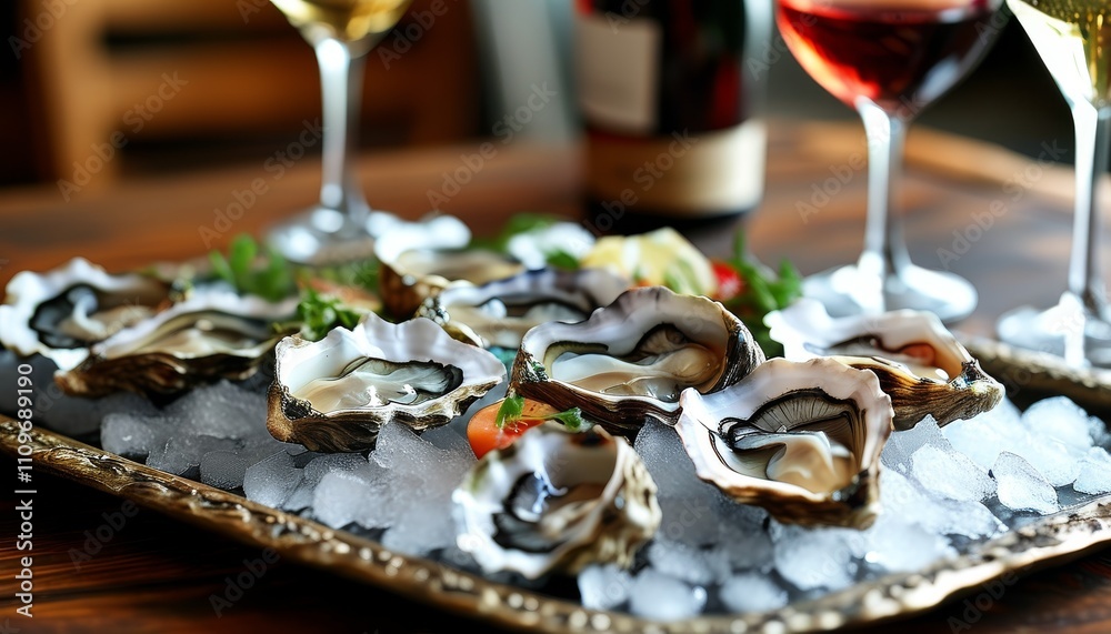 Naklejka premium set of oysters on ice on a beautiful tray, glasses of wine nearby