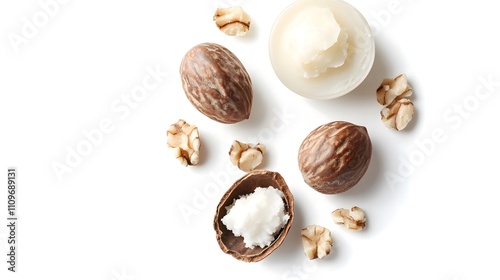 Realistic arrangement of shea butter with whole shea nuts and shells on a white background