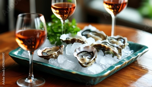 set of oysters on ice on a beautiful tray, glasses of wine nearby