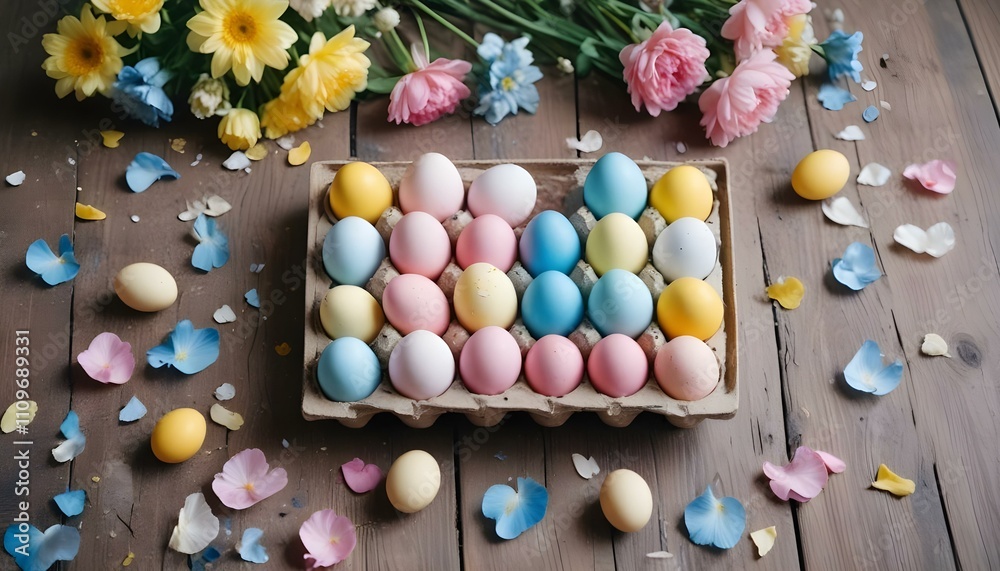 Surtido de coloridos huevos de Pascua en tonos pastel de rosa, amarillo, azul y blanco Surtido de coloridos huevos de Pascua en tonos pastel de rosa, amarillo, azul y blanco