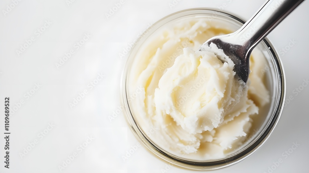 Realistic close-up of shea butter in a small glass container with a spatula on a white background, focusing on the butter’s creamy texture and fine details Realistic close-up of shea butter in a small glass container with a spatula on a white background, focusing on the butter’s creamy texture and fine details