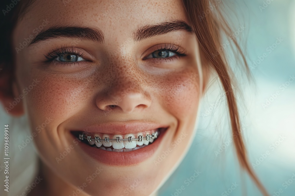 Young woman with modern braces on teeth, dental care concept Young woman with modern braces on teeth, dental care concept