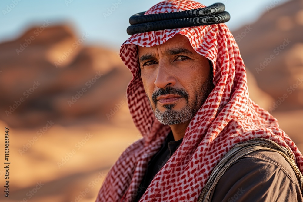 Portrait of arabic man in traditional clothes on blurred desert background Portrait of arabic man in traditional clothes on blurred desert background