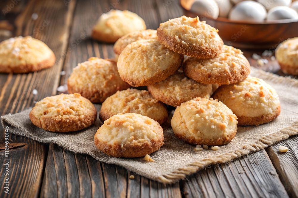 A stack of golden-brown coconut cookies placed on a rustic linen fabric, surrounded by a wooden table and a cozy kitchen ambiance. A delightful homemade dessert display. A stack of golden-brown coconut cookies placed on a rustic linen fabric, surrounded by a wooden table and a cozy kitchen ambiance. A delightful homemade dessert display.