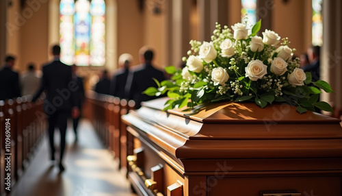 A beautifully arranged casket with flowers inside a church during the funeral, conveying a serene and respectful atmosphere for the gathering.