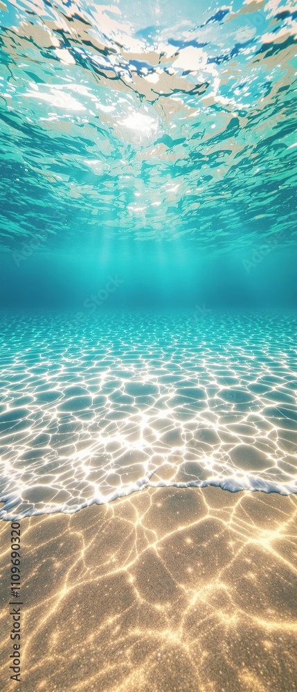 Obraz premium The sunlight pierces the waves, casting a shimmering pathway across the sandy seafloor, sea floor features., sunlight rays, ocean waves, sandy floor
