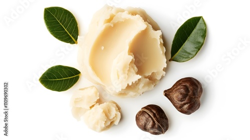 Realistic spread of shea butter with a few scattered shea nuts and leaves on a white background, highlighting its natural origins and creamy texture