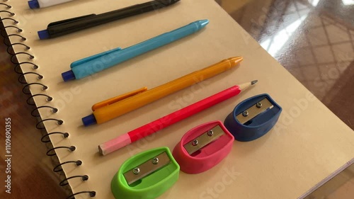 Three Sharpner One Pencil and 4 Ball Points on White Register