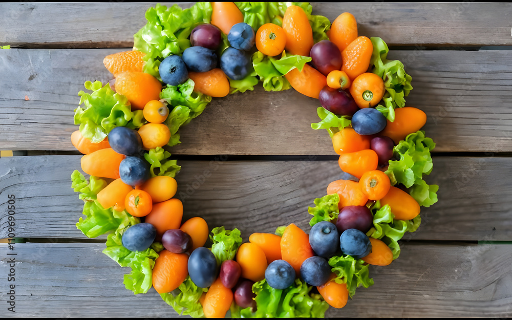 A decorative wreath made of small fruits and vegetables.