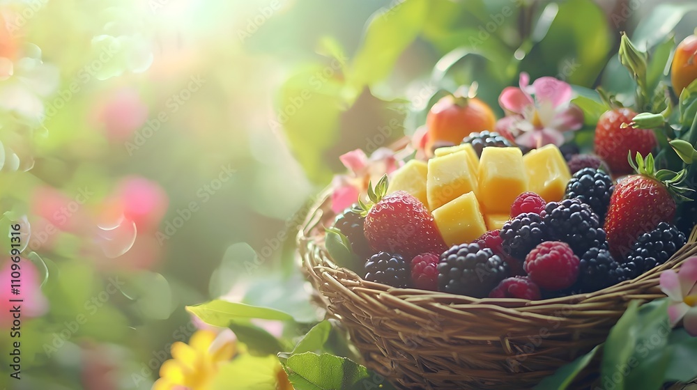Naklejka premium Summer Fruit Basket Fresh Berries Pineapple Garden Background