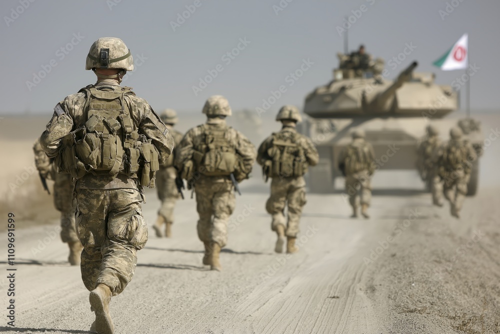 Desert military exercise featuring tanks and soldiers with flags of USA, Iran, and China in background under bright sunlight Desert military exercise featuring tanks and soldiers with flags of USA, Iran, and China in background under bright sunlight