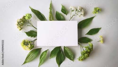 Business card mock up displayed among natural elements like leaves and flowers for creative design presentations photo