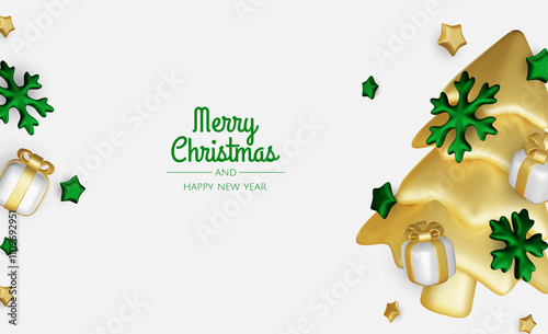 Happy New Year and Merry Christmas. Christmas holiday background with realistic 3d objects,gold and red bauble balls, conical metal stars. Levitation falling design composition.