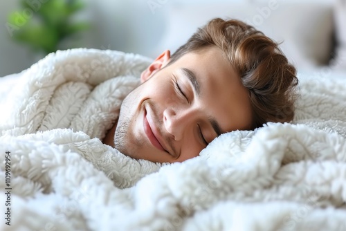 Man sleeping soundly in a cozy and inviting bedroom, enveloped in comfort and tranquility.