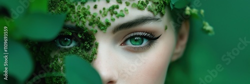 A woman's face is covered in green leaves and grass. The image has a whimsical and playful mood, as if the woman is a fairy or a character from a fantasy world