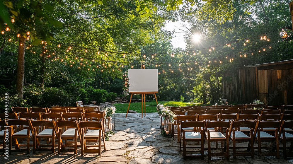 Outdoor Wedding Ceremony Rustic Chic String Lights Wooden Chairs Blank Canvas Outdoor Wedding Ceremony Rustic Chic String Lights Wooden Chairs Blank Canvas