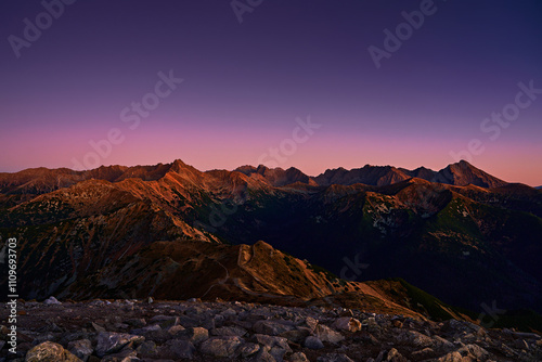 Gradient sky at dusk over mountain range, stunning nature landscape. Contemplating nature gems