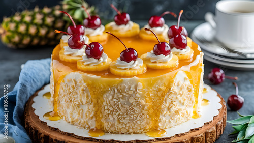 Show a light and fluffy pineapple cake topped with caramelized pineapple rings and cherries. The cake should be dripping slightly with golden syrup. photo