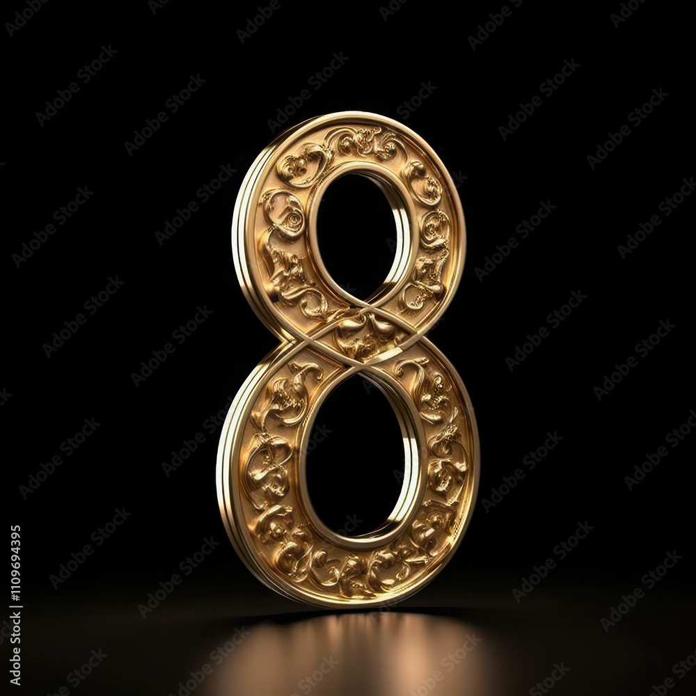 Golden number eight in 3d metal adorned with a beautiful ornate filigree and flowers pattern on a dark background Golden number eight in 3d metal adorned with a beautiful ornate filigree and flowers pattern on a dark background