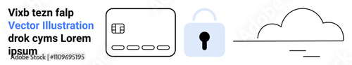 Credit card, padlock, and cloud icon with text. Representing themes of financial security, online payments, data protection. Ideal for fintech, digital security, online banking data privacy cloud