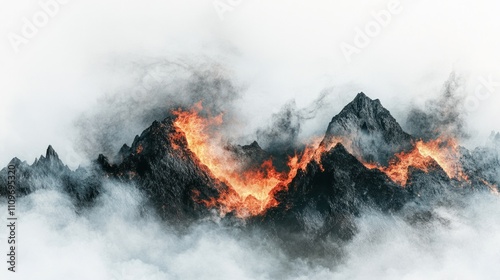 Fiery Eruption Amidst Rugged Mountains Surrounded by Mist and Clouds Creating a Dramatic Landscape of Nature's Raw Power and Beauty