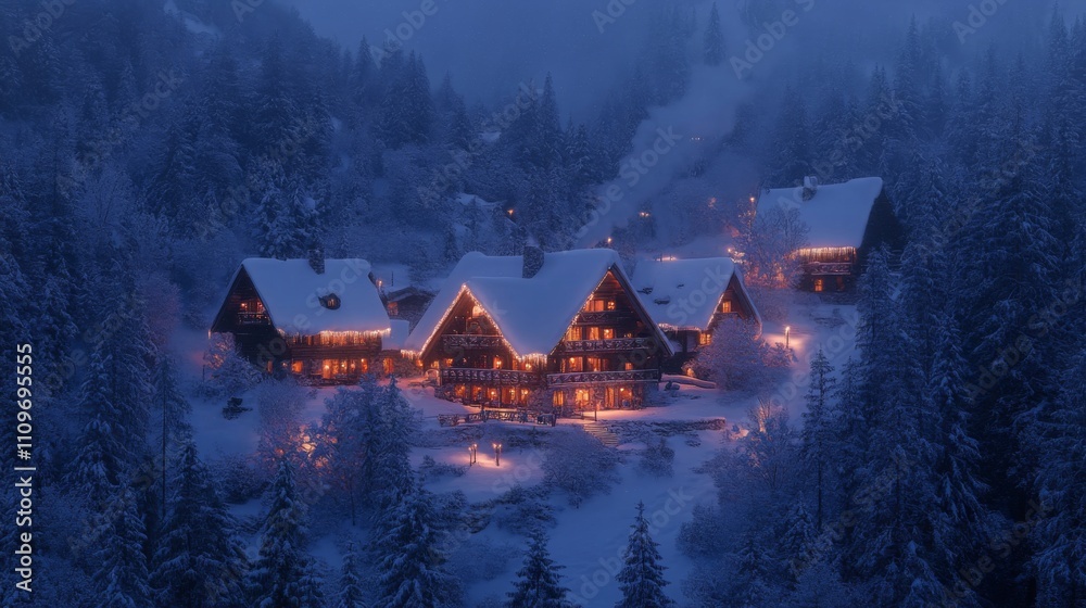 Obraz premium Illuminated Cabins in a Snowy Forest at Night