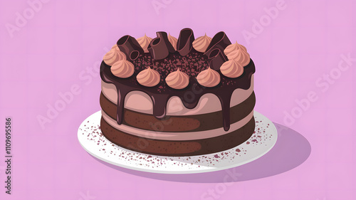 Illustrate a classic chocolate cake with layers of dark chocolate sponge and creamy chocolate ganache. The top should be adorned with chocolate curls and a sprinkle of cocoa powder. photo