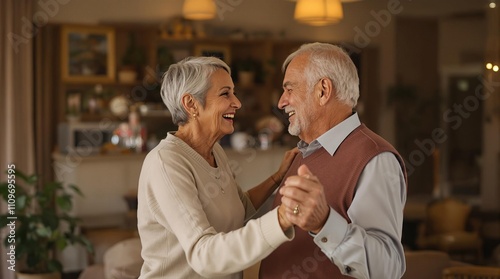 Couple joyfully dancing in a cozy living room during a warm afternoon