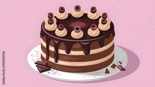 Illustrate a classic chocolate cake with layers of dark chocolate sponge and creamy chocolate ganache. The top should be adorned with chocolate curls and a sprinkle of cocoa powder. photo