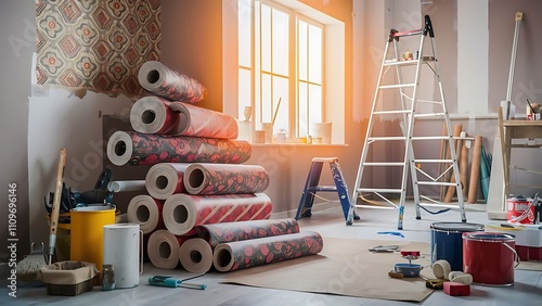 Composition tools for home repair and interior renovation indoors. Rolls of wallpaper, roller.