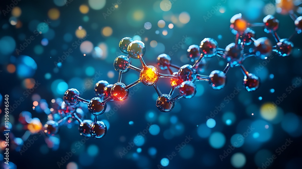 3D rendering of a glowing molecule chain against a bokeh background. 3D rendering of a glowing molecule chain against a bokeh background.