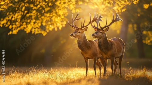 Two male red deer stand side by side in the grass, their antlers lit by the golden sunlight