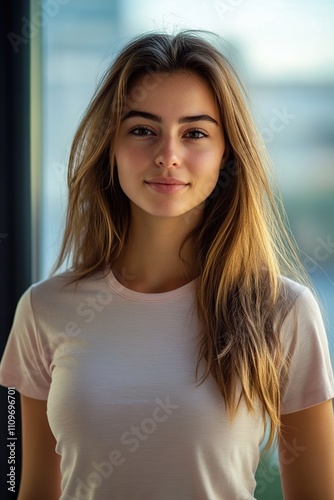 Charming sporty healthy young woman wearing red t-shirt