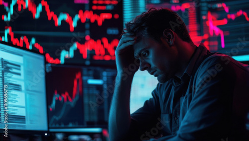Stressed business man crypto trader broker investor analyzing stock exchange market crypto trading decreasing chart data fall down loss, desperate about losing money of crisis, recession, inflation