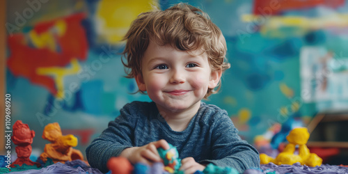 Portrait of a cheerful smiling child boy playing with plasticine. Child molding figures, early development, preschool creative education photo