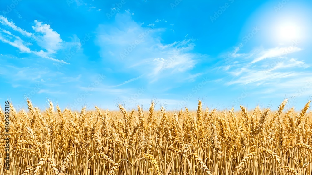 Stunning Golden Wheat Field with Bright Blue Sky Perfect for Agricultural or Countryside Themes Stunning Golden Wheat Field with Bright Blue Sky Perfect for Agricultural or Countryside Themes